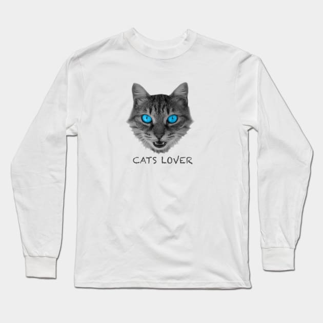Gray Cat 3D with Blue Eyes Gift for Cats Lover Long Sleeve T-Shirt by FoolDesign